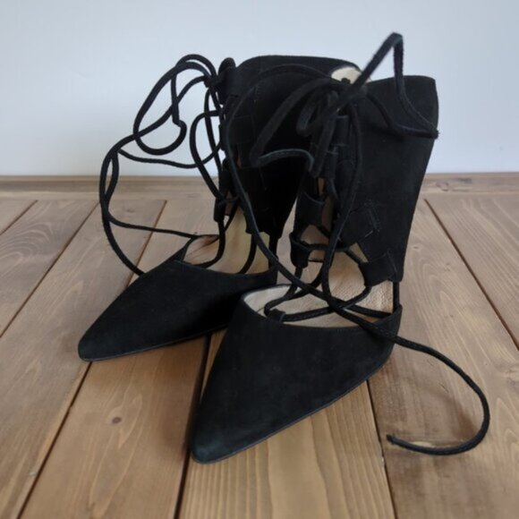 TopShop Black Strappy Faux Suede Lace up Heels 38/7.5 US - Picture 5 of 15